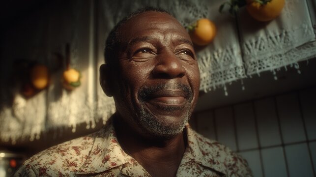 Elderly man smiles at wall-mounted telehealth screen as remote nurse appears, warm sunlit dining room, focus on connection and care in lifelike clarity.