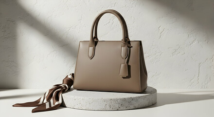 Stylish handbag in neutral tones, presented with a silk scarf against a textured white backdrop showcasing elegance.