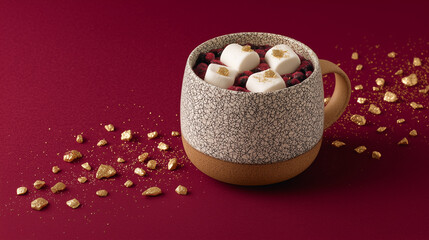 Cozy Hot Chocolate with Heart Marshmallows and Gold Flakes On Burgundy Background