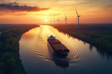 Cargo ship navigates tranquil river at sunset with wind turbines in view, Cargo ship travels down a scenic river with wind turbines in the background at sunset