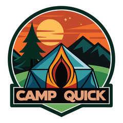camp quick logo with a tent and trees.