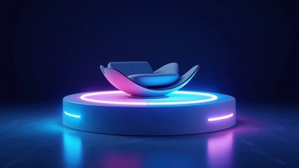 Futuristic White Sofa on Neon Lit Platform Blue Pink