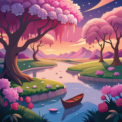 a cartoon illustration of a river and pink trees