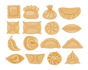 Set of dumpling shape set collection, dough meat dumpling cartoon, asian traditional food dessert, Chinese Asian Food Steamed Meal Dessert Snack Stuffed Wrapper Folding Culinary Cuisine Handmade