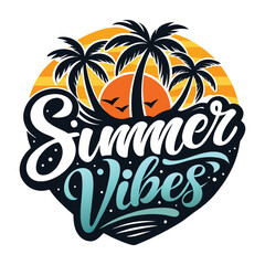 summer vibes logo design with palm trees and sunset.