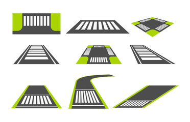 Set of zebra cross set collection with different views or angle, Pedestrian crosswalk icon set collection, crossover isolated on white background, flat vector illustration.