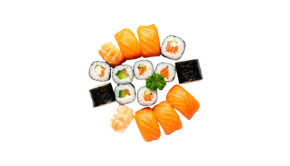 Sushi plate top view full length Isolated on Transparent or White Background