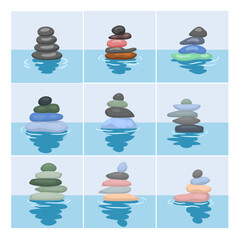 Set of balanced zen stone set collection, pebbles balancing in cartoon, relaxation or Meditation balance stone pyramid. Stacked pebbles, zen stone or hot stone stacks cairn with water reflection