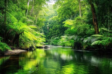 Serene river flows through lush rainforest in the Australian wilderness under bright sunlight, River in rainforest of Australia Australian green nature