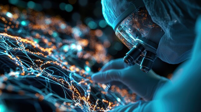 Scientist Examining Glowing Network Through Microscope