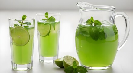 Refreshing Mint and Lime Drink in a Pitcher and Glasses
Freshly Made Mojito or Lemonade with Mint Leaves and Lime Slices
Cooling Summer Beverage with Green Mint and Citrus