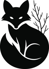 Black fox sitting with bare branches curled tail silhouette
