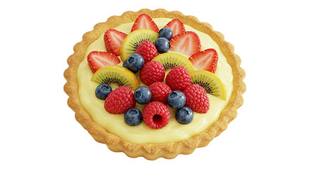 Delectable Fruit Tart: A mouthwatering fruit tart adorned with a colorful assortment of fresh strawberries, kiwis, raspberries, and blueberries arranged atop a creamy custard, a dessert masterpiece.