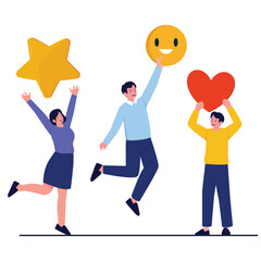 Employee Satisfaction Illustration. Vector illustration of Group of people cheerfully holding icons representing star, smiley face, and heart to express satisfaction. Isolated on background