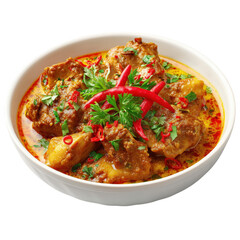 Fototapeta premium Delicious and spicy chicken curry served in a white bowl with red chili peppers