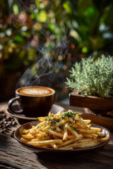 Delicious French Fries with Aromatic Coffee and Green Plants on A Rustic Wooden Table
