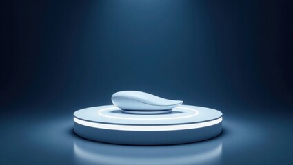 Light Blue Wireless Mouse on Circular Platform Dark Blue Background