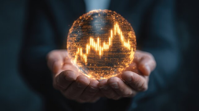 Hands holding a glowing sphere chart