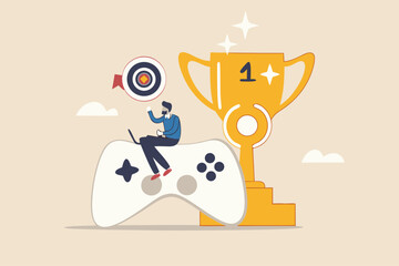 Gamification, marketing strategy for customer to achieve target and win the prize, reward or challenge to keep customer engagement concept, man with computer laptop on game joystick with trophy award.