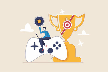 Gamification, marketing strategy for customer to achieve target and win the prize, reward or challenge to keep customer engagement concept, man with computer laptop on game joystick with trophy award.