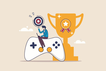 Gamification, marketing strategy for customer to achieve target and win the prize, reward or challenge to keep customer engagement concept, man with computer laptop on game joystick with trophy award.