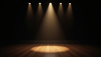 Warm Spotlights Illuminating Wooden Floor Dark Room