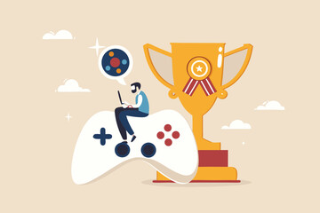 Gamification, marketing strategy for customer to achieve target and win the prize, reward or challenge to keep customer engagement concept, man with computer laptop on game joystick with trophy award.