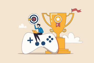 Gamification, marketing strategy for customer to achieve target and win the prize, reward or challenge to keep customer engagement concept, man with computer laptop on game joystick with trophy award.