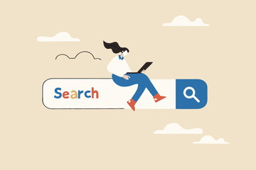 Search box, SEO search engine optimization or finding website from internet, online job or career opportunity concept, woman working with computer laptop on search box with magnifying glass button.