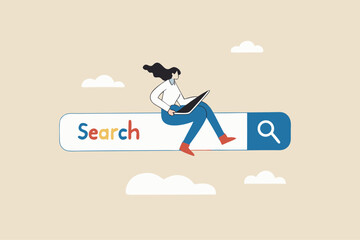 Search box, SEO search engine optimization or finding website from internet, online job or career opportunity concept, woman working with computer laptop on search box with magnifying glass button.