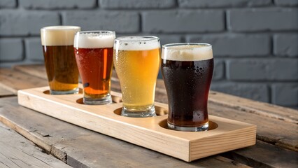 A beer flight with a variety of beers on a wooden tray