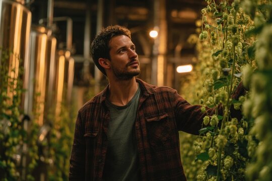 Bearded brewer in flannel closely inspects fresh hops inside a stainless steel microbrewery under warm industrial lights, shallow depth and crisp texture.