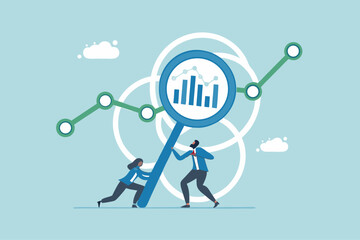 Data analysis, optimization or marketing analytics for statistics improvement, growth or KPI measurement result, chart or diagram concept, business people hold magnifying glass analyzing data chart.