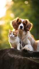 Fototapeta premium Golden hour glow illuminates adorable cat and dog companionship outdoors