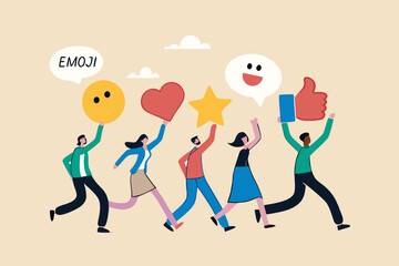Social media customer feedback review, employee satisfaction, positive feedback on online ranking, giving high score rating, like or happy opinion concept, people carry social feedback elements.