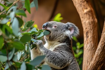 Fototapeta premium Koala bear munching on eucalyptus leaves during a sunny day in a lush habitat, Koala bear eats leaves of eucalyptus tree chewing them for a while Australia