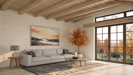 Fototapeta premium Modern Minimalist Living Room Design A Cozy Autumn Retreat