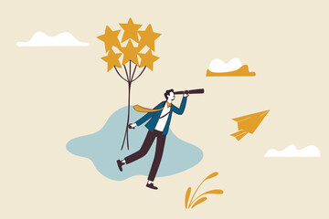 Evaluation or performance rating, reputation or customer satisfaction review, quality feedback or best service, positive stars rating, businessman flying with stars rating balloon look for future.