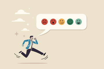 Customer satisfaction survey, service quality feedback, rating or opinion, user experience emoticon, angry or smile face review, client questionnaire concept, man shouting with satisfaction emoticon.