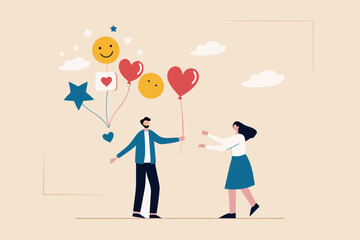 Customer feedback, review or service satisfaction, giving rating, opinion or review evaluation, user experience, ranking or quality rating concept, customer holding feedback balloons giving heart.