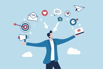 Marketing manager, online advertising, social media content or promotion campaign, customer or consumer target audience, branding communication concept, businessman holding viral marketing elements.