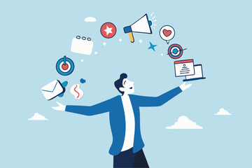 Marketing manager, online advertising, social media content or promotion campaign, customer or consumer target audience, branding communication concept, businessman holding viral marketing elements.