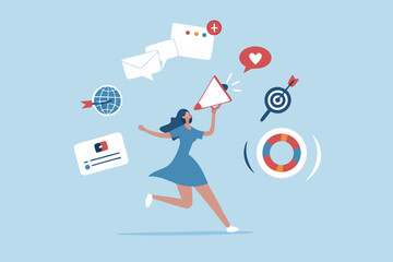 Marketing strategy, communication for online website, social media or market research, advertising, seo optimization or marketing campaign concept, woman speak on megaphone with marketing elements.