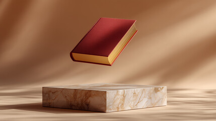 Elegant Red Book Hovering Over Marble Podium in Soft Brown Hues, Creating an Abstract Composition