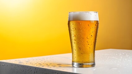 A refreshing glass of golden beer with foam on a yellow background