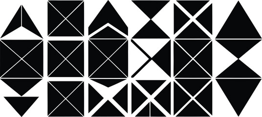Fototapeta premium Vector art of a striking geometric pattern composed of black triangles and squares on a white background.