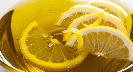 Bright Lemon Slices and Zest Floating in Golden Olive Oil
Close-up of Fresh Lemon in Olive Oil for Cooking
Natural Infusion: Lemon and Olive Oil for Healthy Cuisine
