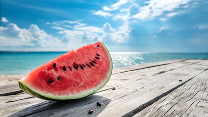 A slice of watermelon on a wooden table at the beach