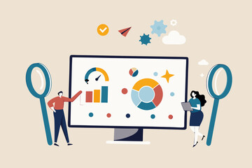 CRM customer relationship management software, marketing communication strategy, client analysis, social listening or interaction concept, business people working on CRM software with information.