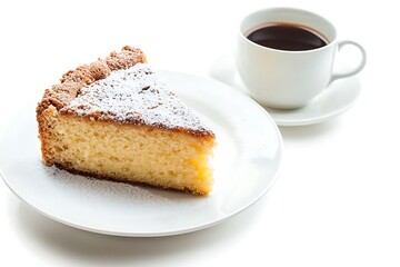 Delicious Cake Slice with Sugar Powder and Coffee Cup on White Background